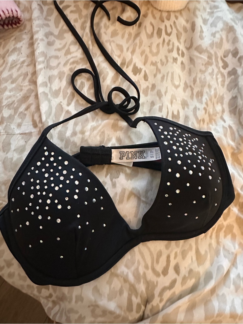 PINK Victoria's Secret Black Rhinestone Halter Bikini Top